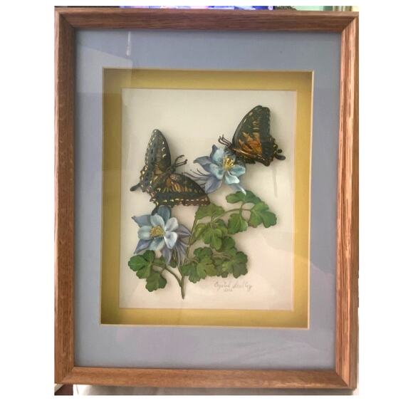 Vtg 3D Butterfly Flower Art Shadow Box Frame 1986 Crystal Skelley Raised Decor - Picture 1 of 7